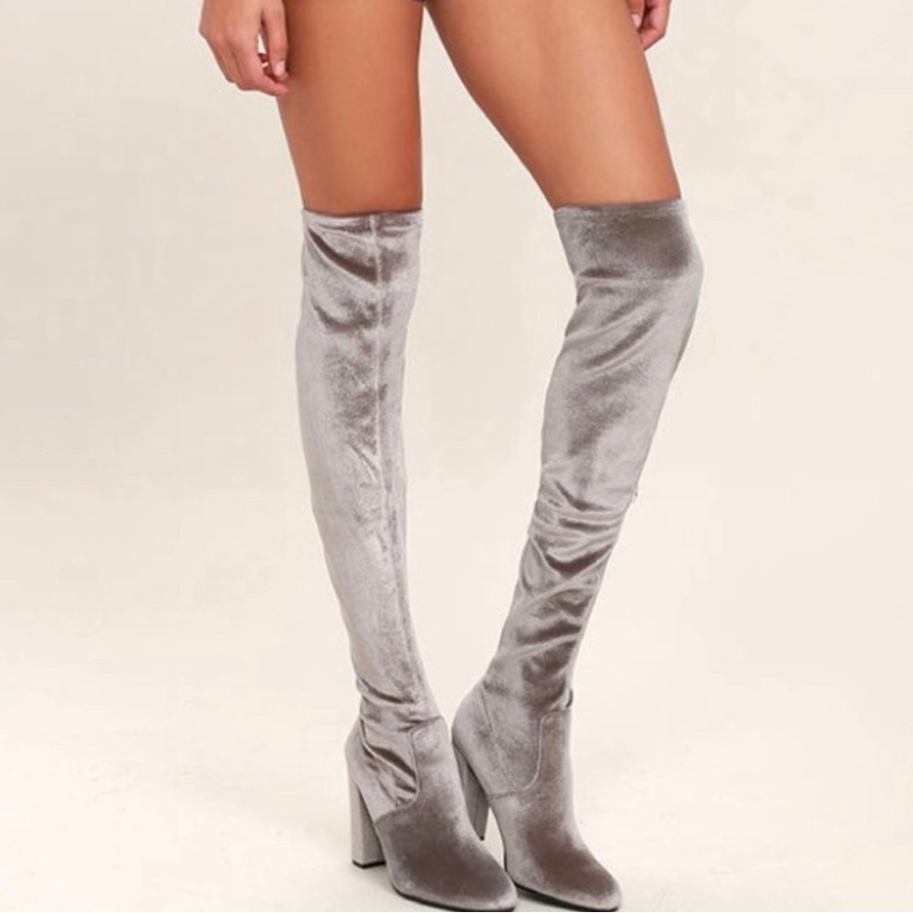 EMOTION GREY VELVET THIGH-HIGH BOOTS FROM STEVEMADDEN | SIZE 7